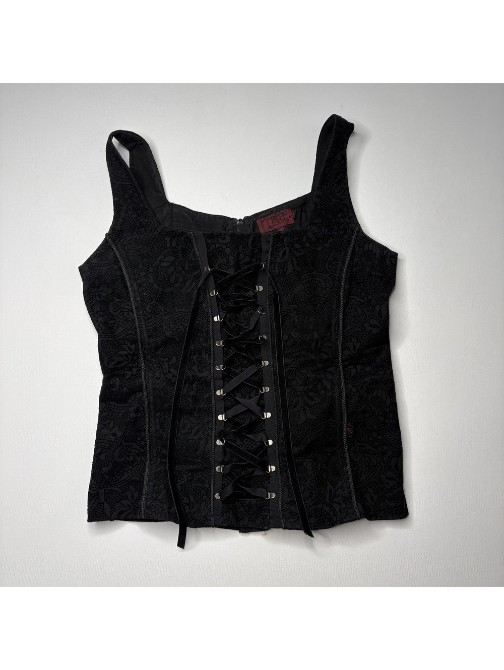 Vintage Tripp NYC Black Lace Mesh Corset Top Zipper Camisole